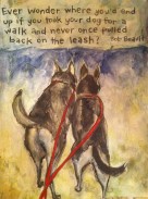 Mixed media art project of two dogs on a leash